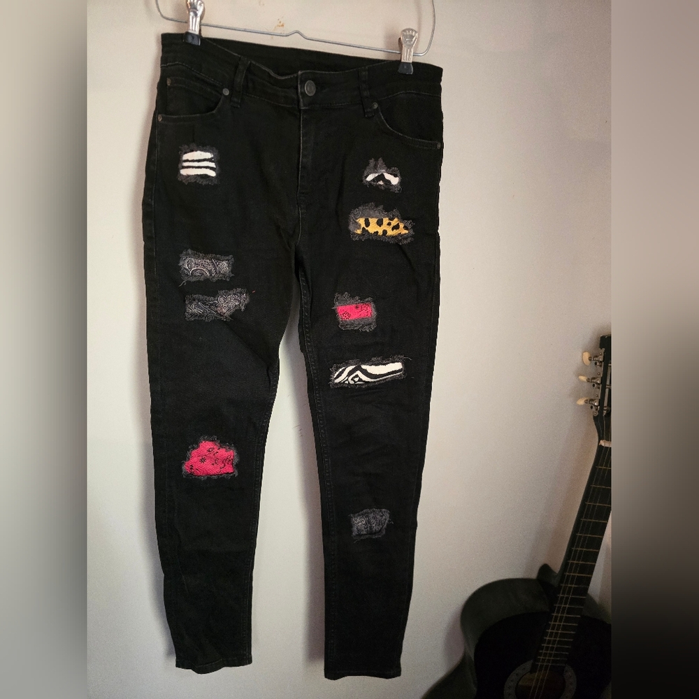 Asos Black Distressed Skinny Jeans with Colorful Patches W30 L32